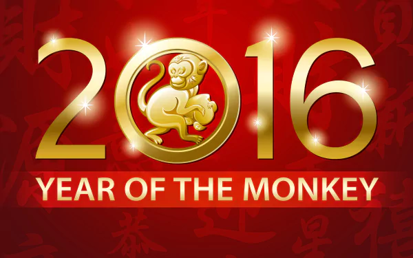 4K Ultra HD Chinese New Year 2016 desktop wallpaper featuring a golden monkey emblem against a red festive background celebrating the Year of the Monkey.