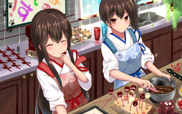 A vibrant HD anime wallpaper featuring Akagi and Kaga from Kantai Collection, joyfully preparing chocolate treats in a kitchen adorned with colorful sweets and playful artwork.