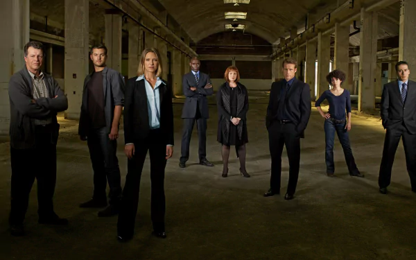 HD PC desktop wallpaper featuring the main cast of the TV show Fringe standing in a dimly lit, abandoned industrial space.