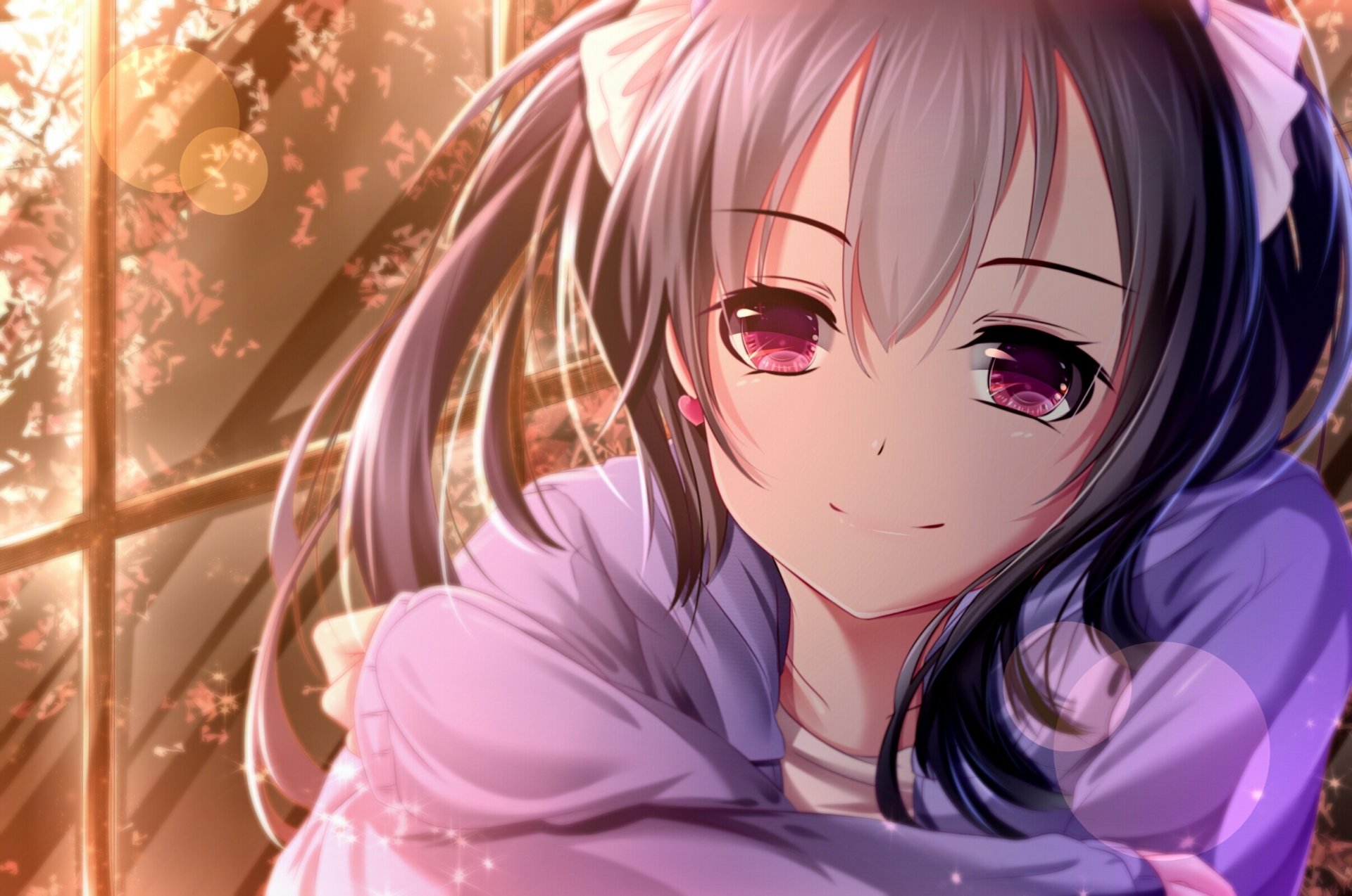 A cheerful anime girl with twintails and purple eyes smiles sweetly, enveloped in soft light, creating a warm atmosphere. This HD wallpaper features Nico Yazawa from Love Live!.