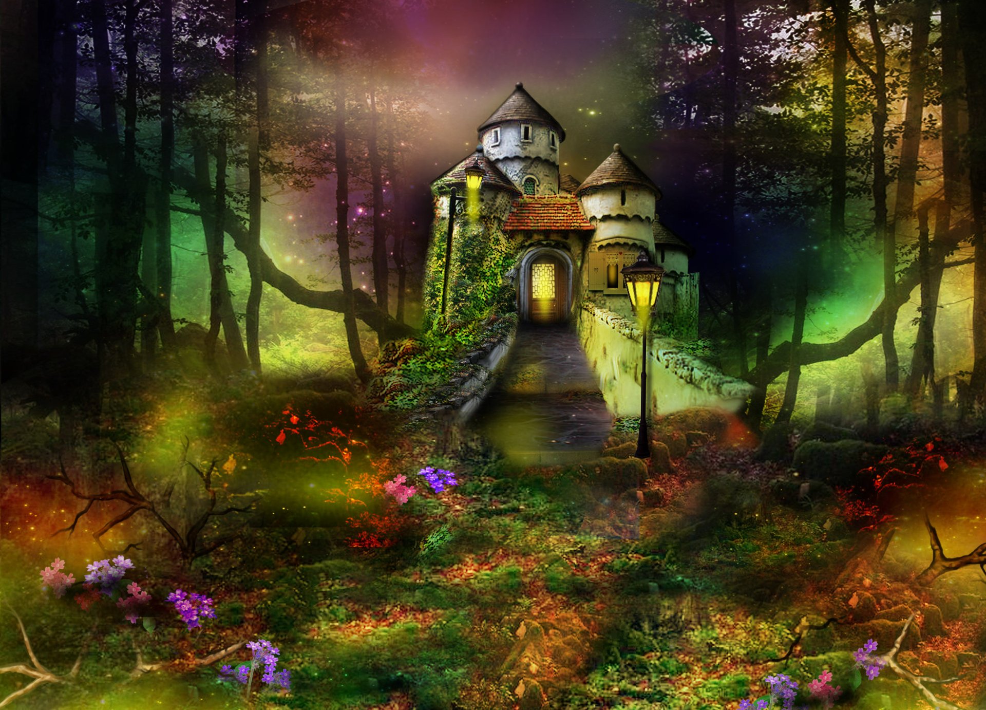 HD PC desktop wallpaper depicting a fantasy castle surrounded by a vibrant forest with glowing lanterns and colorful flowers in an artistic style.
