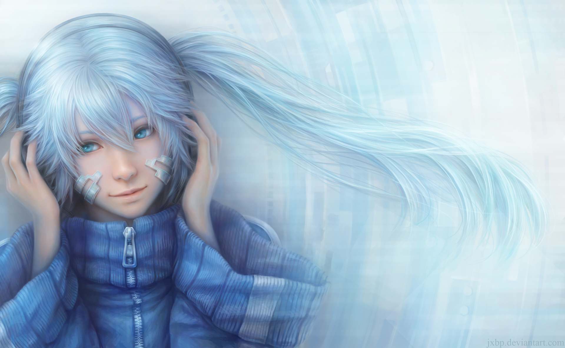 HD PC desktop wallpaper featuring Takane 'Ene' Enomoto from the Kagerou Project, showcasing her flowing silver hair and blue jacket in a soft, ethereal style.