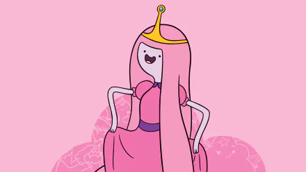 HD PC desktop wallpaper of Princess Bubblegum from the video game Adventure Time: The Secret Of The Nameless Kingdom, standing and smiling on a pink background.