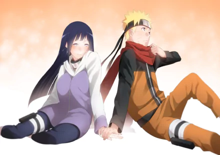 Hinata Hyuga and Naruto Uzumaki from the anime Naruto sit together, holding hands against a soft, warm background, creating a charming and vibrant HD desktop wallpaper.