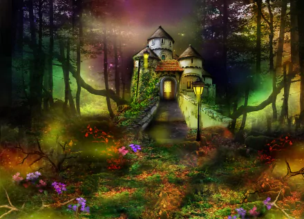 HD PC desktop wallpaper depicting a fantasy castle surrounded by a vibrant forest with glowing lanterns and colorful flowers in an artistic style.