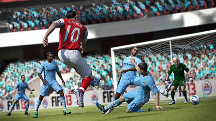 HD PC desktop wallpaper/background from the FIFA 13 soccer video game: a red-shirt striker jumps to volley past blue defenders and a goalkeeper in front of a packed stadium.