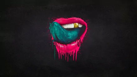 A vibrant HD desktop wallpaper featuring dripping neon pink lips with a teal tongue and a gold tooth, inspired by hard rock and the band Falling In Reverse.