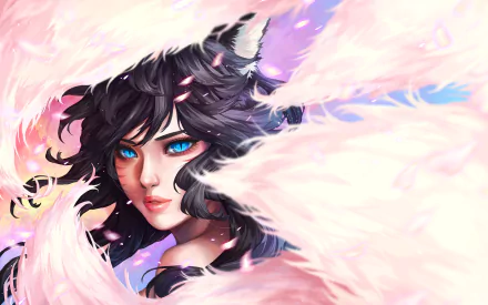 HD wallpaper featuring Ahri from League of Legends, set in Ionia, surrounded by ethereal pink fox tails and a vibrant background, showcasing her enchanting character.