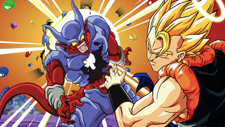 HD wallpaper featuring Gogeta and Janemba from Dragon Ball Z locked in an intense battle with vibrant background colors.