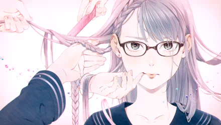A soft anime illustration featuring a girl with long pink hair, grey eyes, and glasses, as hands delicately braid her hair. The scene conveys a gentle and serene atmosphere.