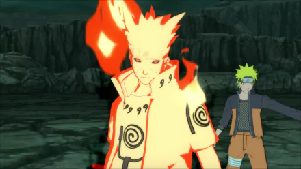 Naruto Uzumaki and Minato Namikaze appear in this HD wallpaper from Naruto Shippuden: Ultimate Ninja Storm 4, showcasing dynamic action in a vibrant, fiery scene.