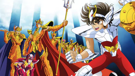 Dynamic HD wallpaper featuring Poseidon and Pegasus Seiya from the anime Saint Seiya, with vibrant characters in dramatic poses and an epic backdrop.