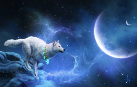 A HD desktop wallpaper featuring a white wolf adorned with a dreamcatcher necklace against a fantasy sky filled with stars and a glowing moon.