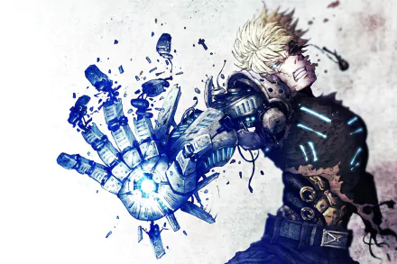 A dynamic HD desktop wallpaper featuring Genos from One-Punch Man, showcasing his mechanical arm in action with a powerful energy display.