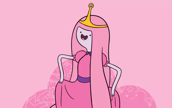 HD PC desktop wallpaper of Princess Bubblegum from the video game Adventure Time: The Secret Of The Nameless Kingdom, standing and smiling on a pink background.