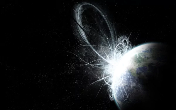 Abstract CGI depiction of Earth, showcasing vibrant textures and dynamic patterns in dark colors, emanating energy and intricate shapes, designed as a HD desktop wallpaper.