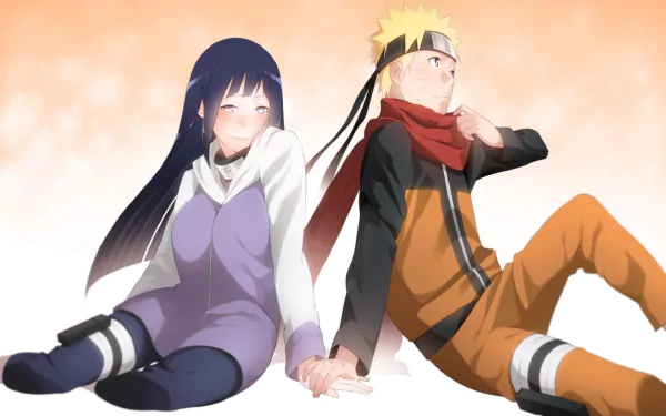 Hinata Hyuga and Naruto Uzumaki from the anime Naruto sit together, holding hands against a soft, warm background, creating a charming and vibrant HD desktop wallpaper.