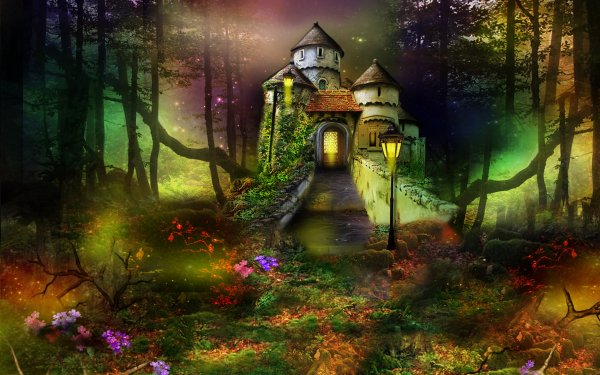 Fantasy Artistic Castle Forest Lantern Flower HD Wallpaper | Background Image