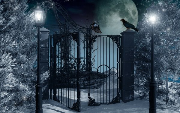 Artistic Winter Fantasy Moon Lantern Snow Tree Gate HD Wallpaper | Background Image