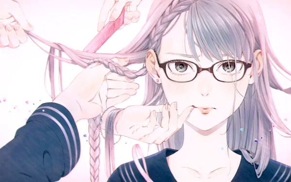 A soft anime illustration featuring a girl with long pink hair, grey eyes, and glasses, as hands delicately braid her hair. The scene conveys a gentle and serene atmosphere.
