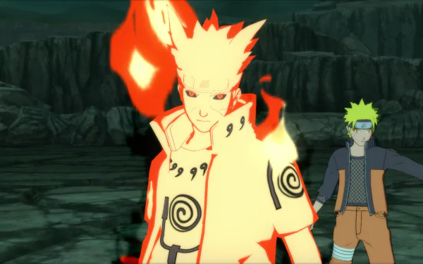 Naruto Uzumaki and Minato Namikaze appear in this HD wallpaper from Naruto Shippuden: Ultimate Ninja Storm 4, showcasing dynamic action in a vibrant, fiery scene.