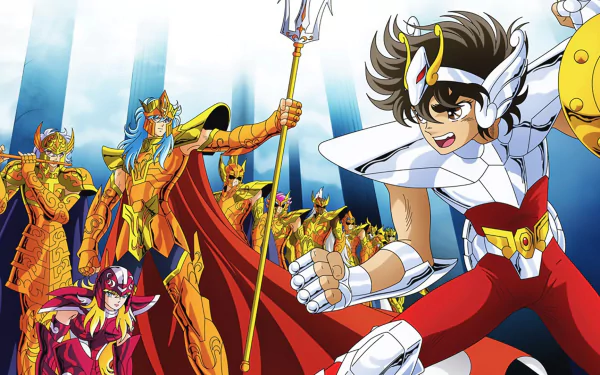 Dynamic HD wallpaper featuring Poseidon and Pegasus Seiya from the anime Saint Seiya, with vibrant characters in dramatic poses and an epic backdrop.