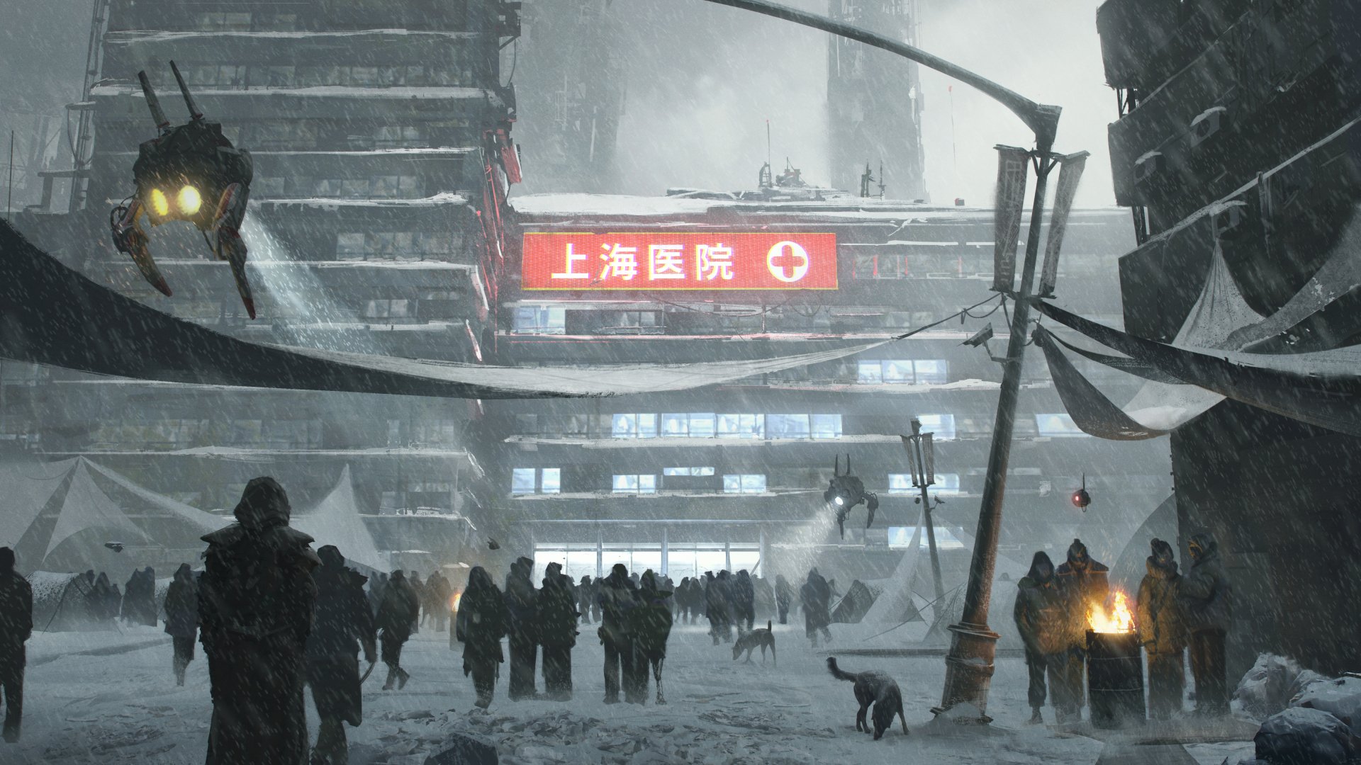 A cyberpunk cityscape under heavy snowfall, with people gathered on snowy streets, a robot hovering, and a futuristic building in the background displaying a lit sign. HD desktop wallpaper.