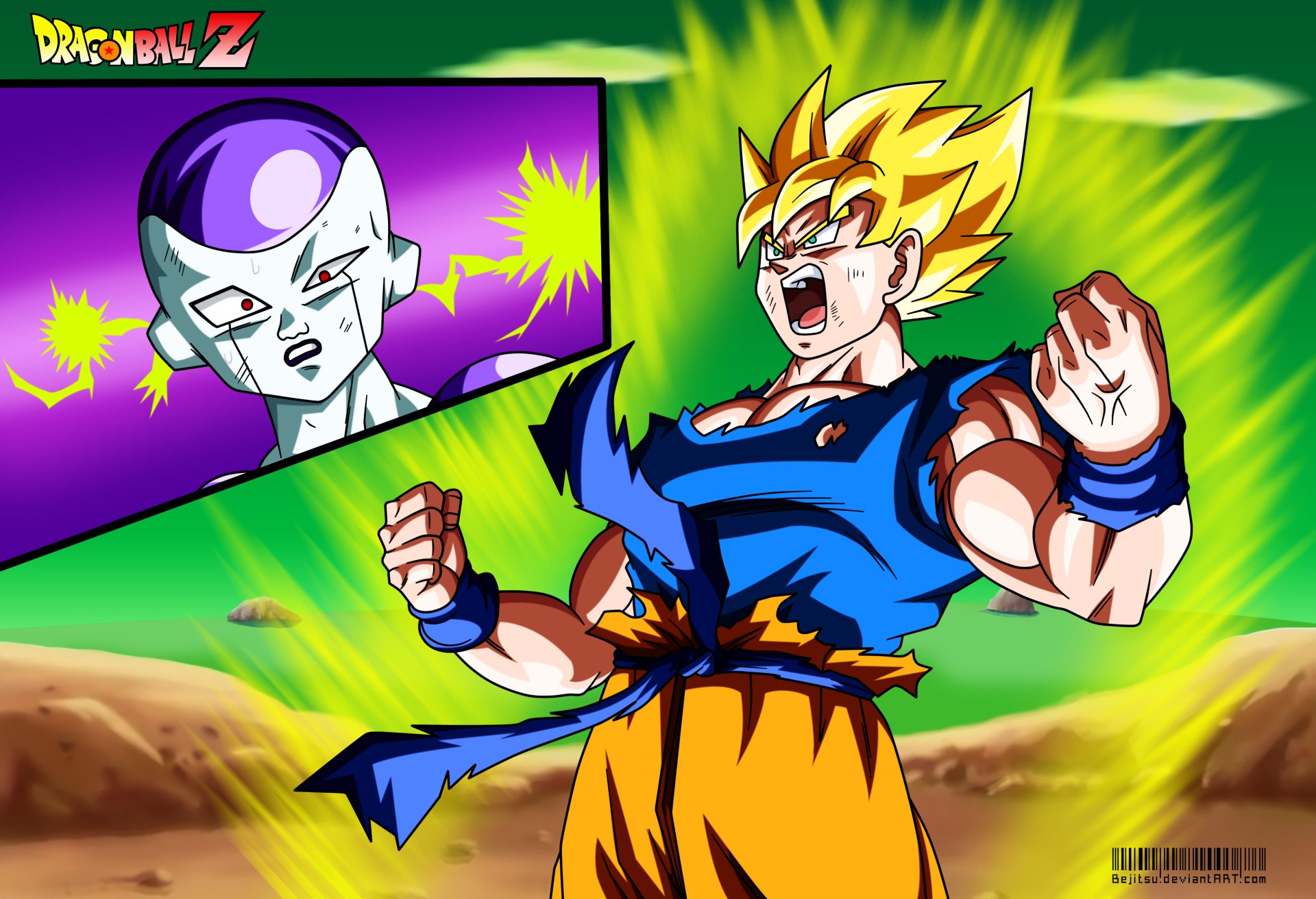 HD Dragon Ball Z desktop wallpaper featuring Goku in Super Saiyan form and Frieza with electric energy in the background, showcasing iconic anime characters.