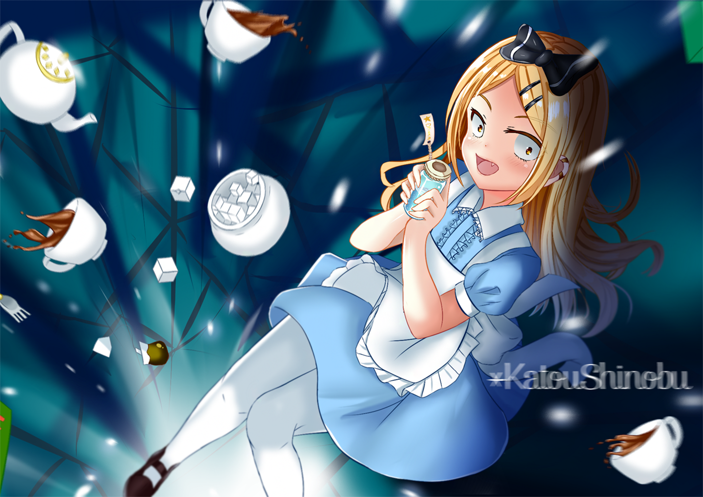 HD anime wallpaper of Endou Saya from Dagashi Kashi with yellow eyes, fangs, long blonde hair in a blue dress and apron, holding a coffee cup, surrounded by sugar cubes and coffee cups.