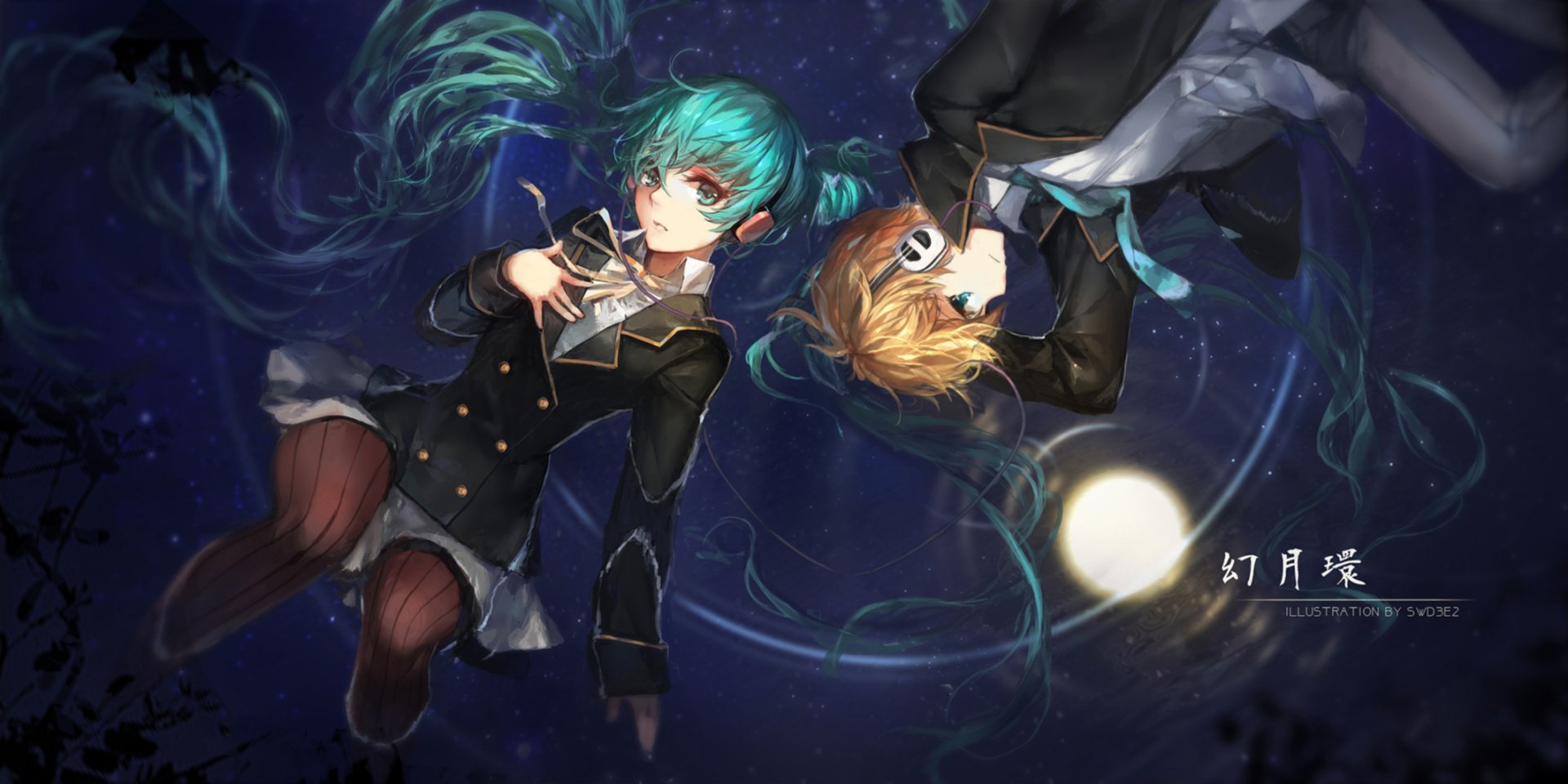 A vibrant HD wallpaper featuring Hatsune Miku from the Vocaloid series, depicted alongside another character against a cosmic backdrop, capturing a dynamic anime-inspired scene.