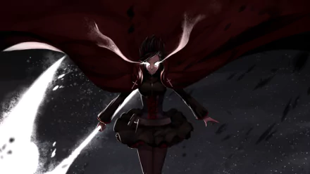 A dynamic HD wallpaper featuring Ruby Rose from RWBY, illuminated against a dark backdrop, showcasing her iconic cape and weapon in an anime-inspired setting.