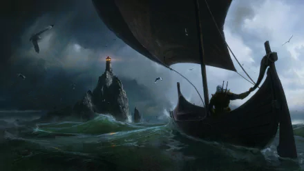 A dramatic scene from The Witcher 3: Wild Hunt featuring Geralt of Rivia navigating a boat through turbulent seas, with a lighthouse illuminating the rocky landscape.