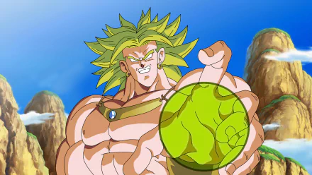 HD wallpaper and background of Broly from Dragon Ball Z, featuring the anime character powerfully posed with a glowing green sphere against a mountainous backdrop and blue sky.