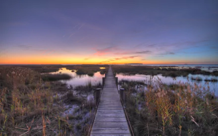 A man-made boardwalk stretches through plants and wetlands toward the horizon during a colorful sunset, captured in an HD landscape wallpaper.
