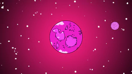 HD PC desktop wallpaper featuring a vibrant pink sci-fi planet surrounded by stars against a deep magenta space background.