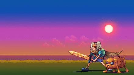 HD wallpaper featuring Jake and Finn from *Adventure Time*, set against a colorful sunset background, capturing the adventurous spirit of the beloved cartoon.