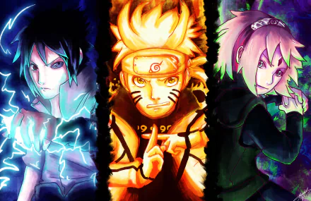 HD desktop wallpaper featuring Sakura Haruno, Sasuke Uchiha, and Naruto Uzumaki from the anime Naruto, showcasing each character in a dynamic pose with vibrant colors and intense lighting.