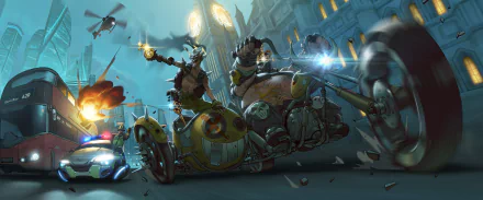 HD desktop wallpaper featuring Roadhog and Junkrat from Overwatch on a rampage in a chaotic urban scene, with explosions, police cars, and drones in the background.