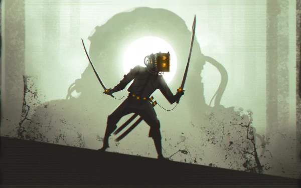 A robotic figure stands poised with dual swords against a shadowy, monstrous backdrop, embodying a striking sci-fi aesthetic in this HD PC desktop wallpaper.