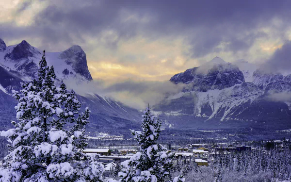 A serene winter landscape in Banff National Park, Alberta, Canada, featuring snow-covered mountains and evergreen trees under a dramatic, cloudy sky. 4K Ultra HD wallpaper.