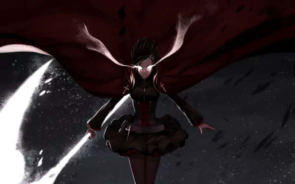 A dynamic HD wallpaper featuring Ruby Rose from RWBY, illuminated against a dark backdrop, showcasing her iconic cape and weapon in an anime-inspired setting.
