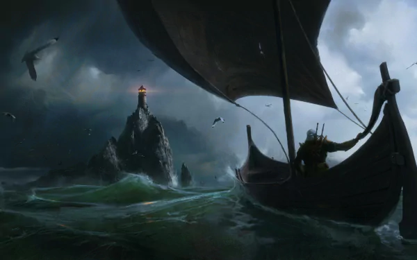 A dramatic scene from The Witcher 3: Wild Hunt featuring Geralt of Rivia navigating a boat through turbulent seas, with a lighthouse illuminating the rocky landscape.