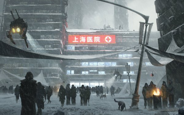 Sci Fi Cyberpunk People Robot Winter Snow Snowfall Building HD Wallpaper | Background Image