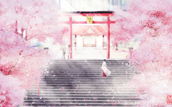 Anime Noragami Yato Yukine Long Hair Brown Hair Shrine Dress Cherry Blossom Petal HD Wallpaper | Background Image
