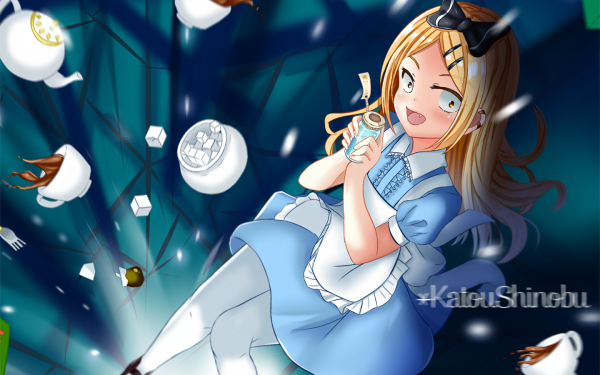 Anime Dagashi Kashi Endou Saya Blonde Cup Apron Dress Blue Dress bow Blush Pantyhose Long Hair Fangs Sugar Coffee Yellow Eyes HD Wallpaper | Background Image