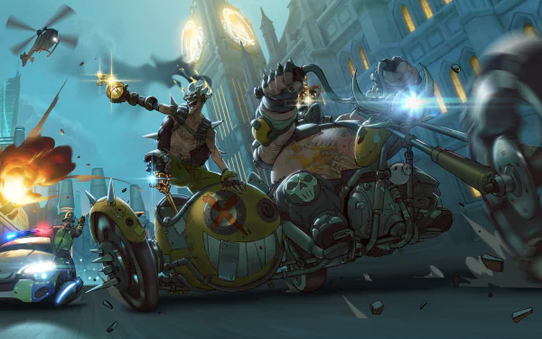 HD desktop wallpaper featuring Roadhog and Junkrat from Overwatch on a rampage in a chaotic urban scene, with explosions, police cars, and drones in the background.