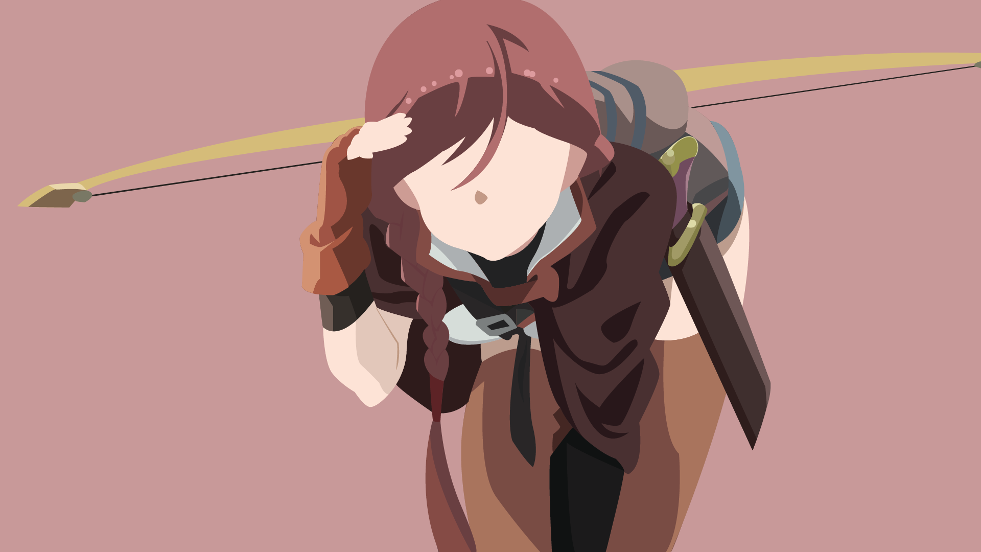 HD PC desktop wallpaper featuring Yume from the anime Grimgar of Fantasy and Ash in a dynamic pose against a minimalist pink background.