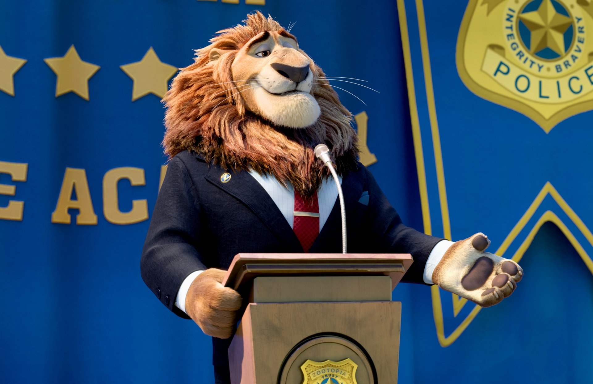 Mayor Lionheart from the movie Zootopia delivers a speech at a podium, set against a backdrop featuring police insignia and stars, presented in vibrant 4K Ultra HD.