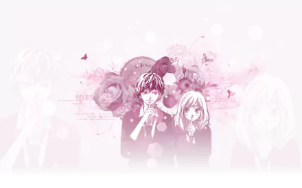 A romantic HD wallpaper featuring Kou Mabuchi and Futaba Yoshioka from the anime Ao Haru Ride, surrounded by soft pink flowers and butterflies, creating a dreamy atmosphere.
