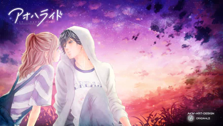 A vibrant HD wallpaper featuring Futaba Yoshioka and Kou Mabuchi from the anime Ao Haru Ride, set against a colorful sunset and starry sky.